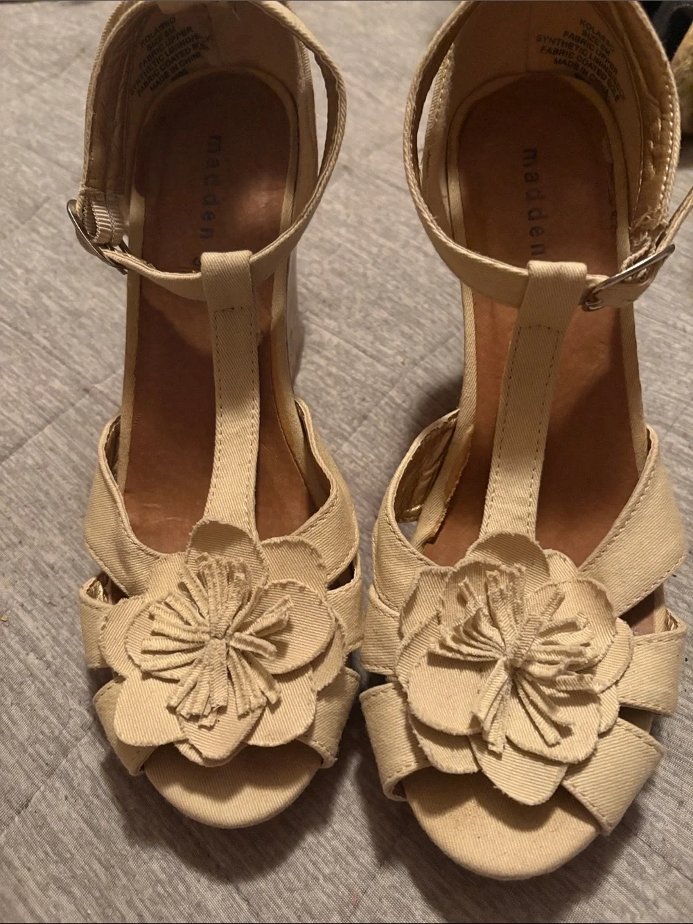 Madden Girl Cream T-Strap Floral Wedge Sandals